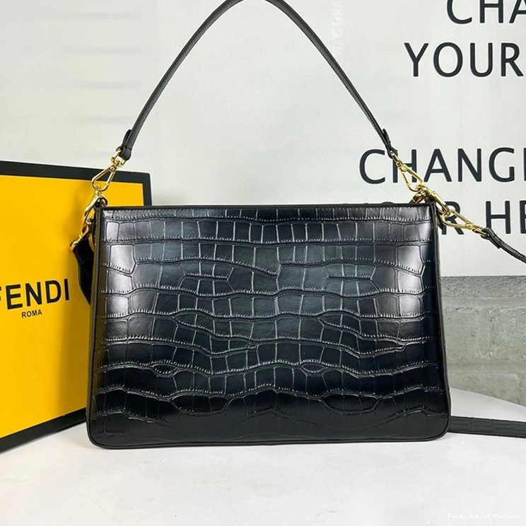 Vintage HOT Zip O'Lock Bag Black Shoulder In Fendi Leather Crocodile 0718